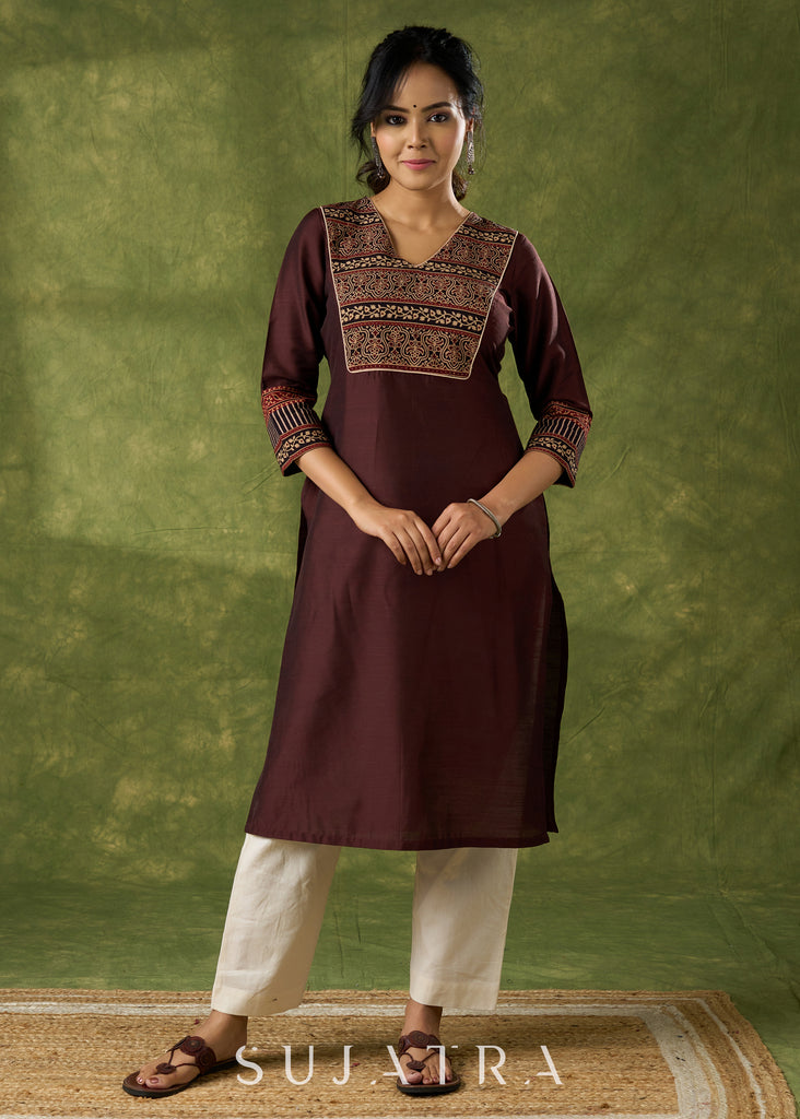 Graceful Dark Brown Cotton Silk Kurta With Ajrakh Yoke - Pant Optional