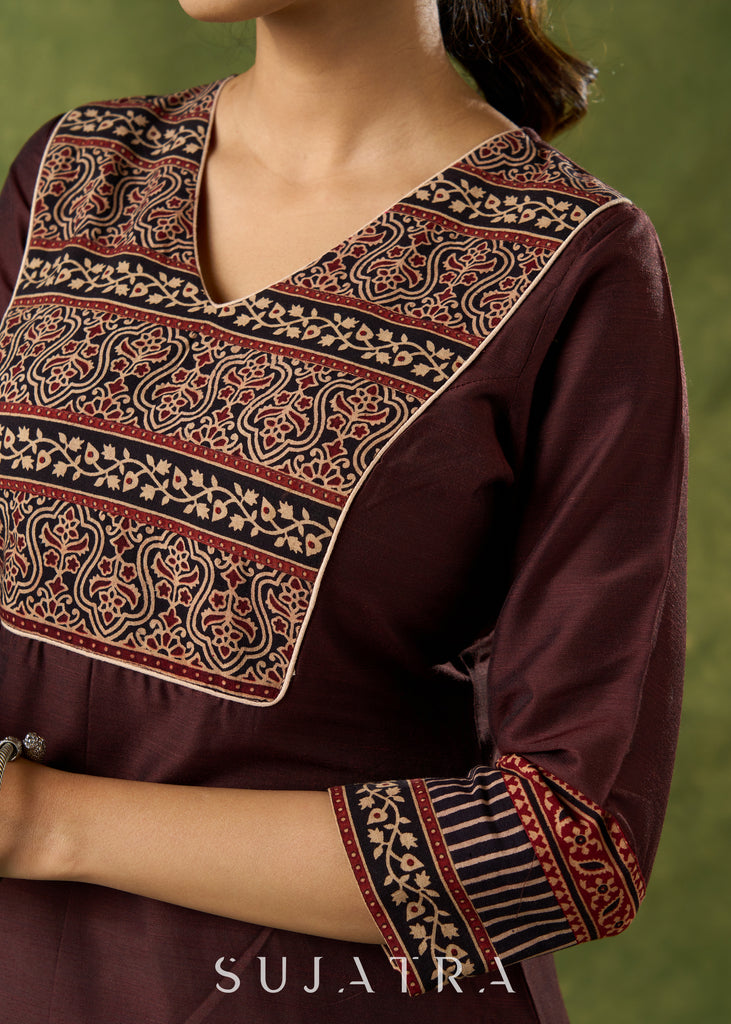 Graceful Dark Brown Cotton Silk Kurta With Ajrakh Yoke - Pant Optional