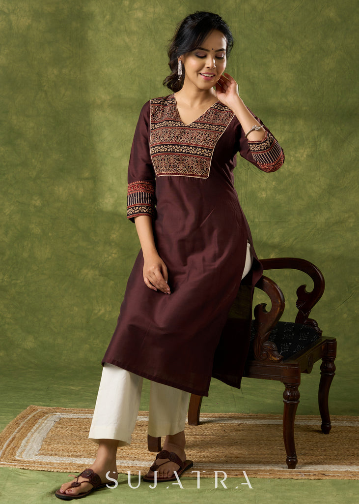 Graceful Dark Brown Cotton Silk Kurta With Ajrakh Yoke - Pant Optional