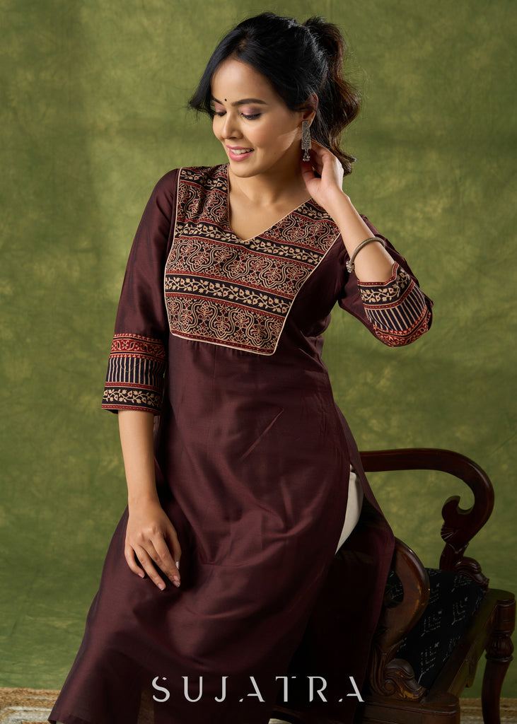 Graceful Dark Brown Cotton Silk Kurta With Ajrakh Yoke - Pant Optional