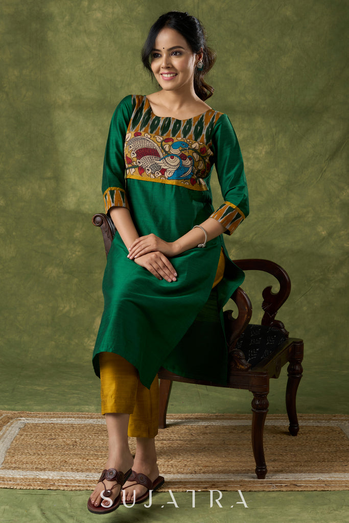 Exclusive Green Cotton Silk Kalamkari Kurta - Pant Optional