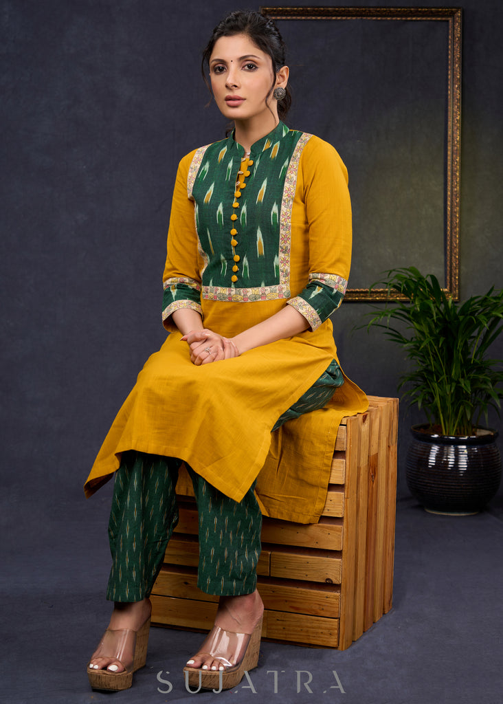 Exclusive-Mustard-Cotton-Straight-Cut-Kurta-With-Ikat-Combination-Yoke-&-Madhubani-Highlights--Pant-Optional