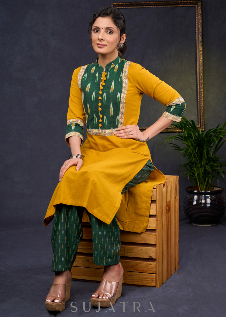 Exclusive-Mustard-Cotton-Straight-Cut-Kurta-With-Ikat-Combination-Yoke-&-Madhubani-Highlights--Pant-Optional