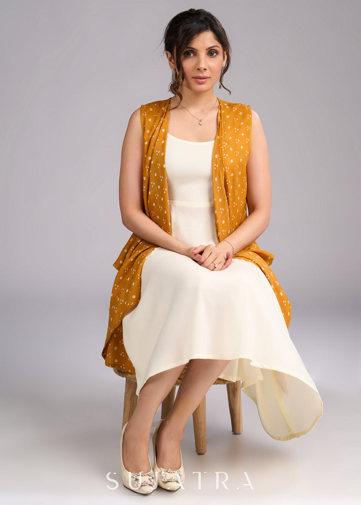 Mustard Majesty Viscose Bandhani Shrug in Flowy High Low Silhouette