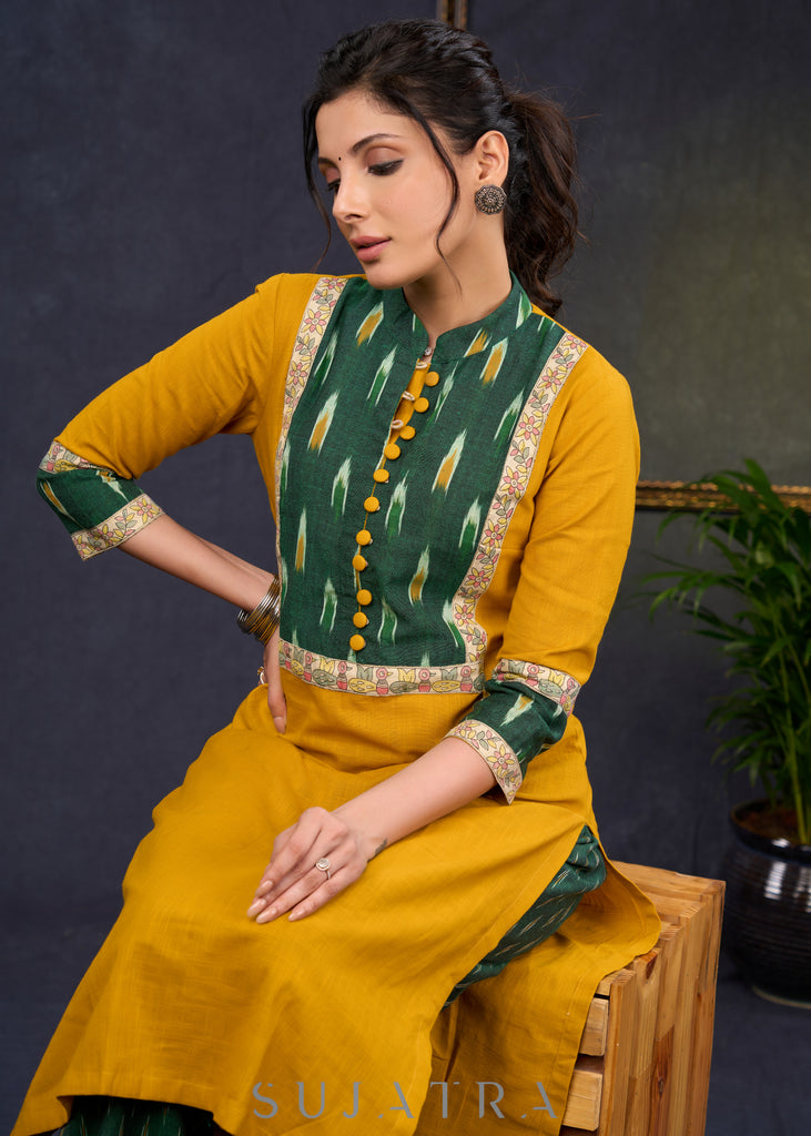 Exclusive-Mustard-Cotton-Straight-Cut-Kurta-With-Ikat-Combination-Yoke-&-Madhubani-Highlights--Pant-Optional