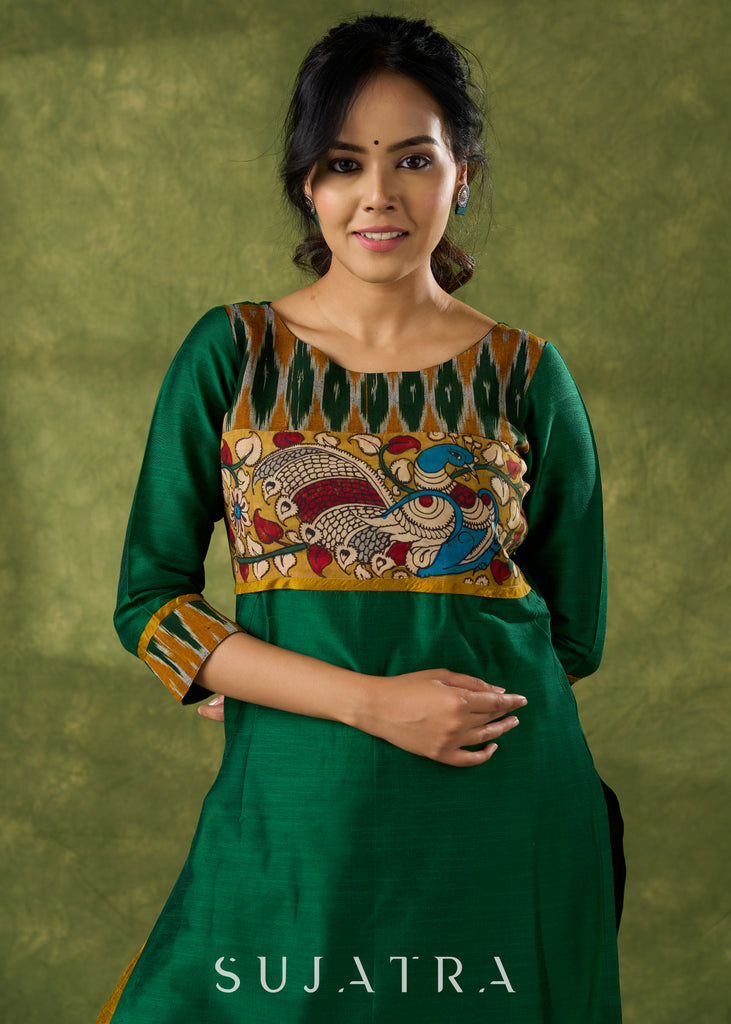 Exclusive Green Cotton Silk Kalamkari Kurta - Pant Optional