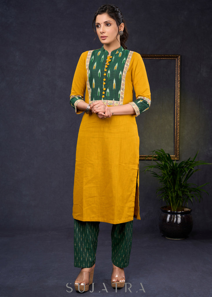 Exclusive-Mustard-Cotton-Straight-Cut-Kurta-With-Ikat-Combination-Yoke-&-Madhubani-Highlights--Pant-Optional