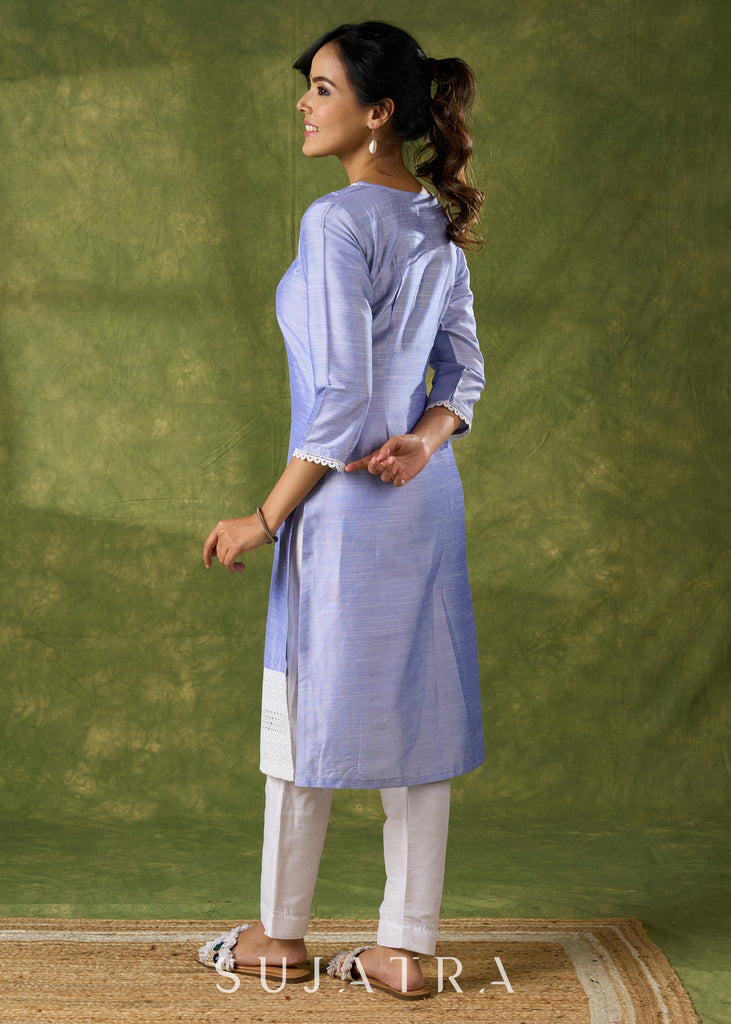 Elegant Ink-Blue Cotton Silk Kurta Highlighted With Laces - Pant Optional