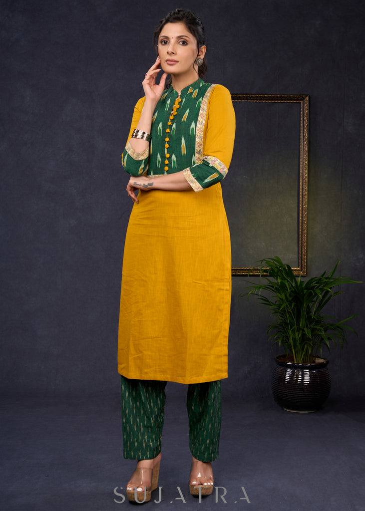 Exclusive-Mustard-Cotton-Straight-Cut-Kurta-With-Ikat-Combination-Yoke-&-Madhubani-Highlights--Pant-Optional