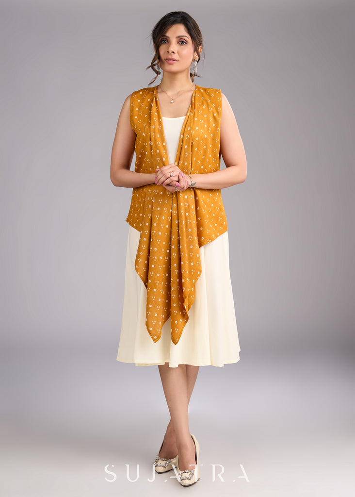 Mustard Majesty Viscose Bandhani Shrug in Flowy High Low Silhouette