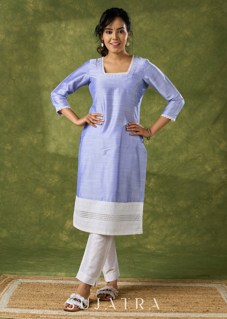 Elegant Ink-Blue Cotton Silk Kurta Highlighted With Laces - Pant Optional