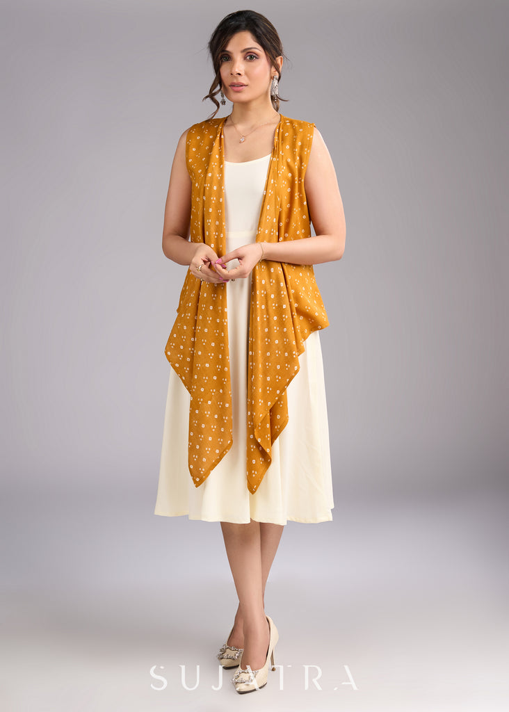 Mustard Majesty Viscose Bandhani Shrug in Flowy High Low Silhouette