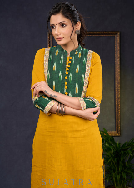 Exclusive-Mustard-Cotton-Straight-Cut-Kurta-With-Ikat-Combination-Yoke-&-Madhubani-Highlights--Pant-Optional