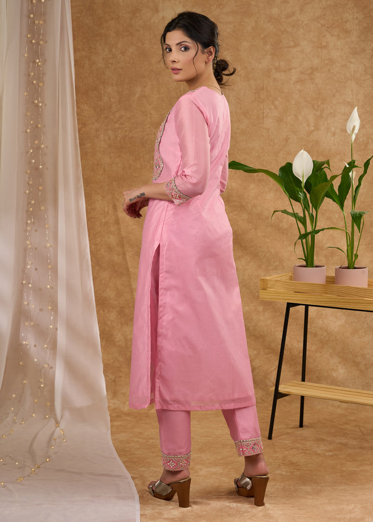 Elegant baby pink Chanderi kurta with embroidered lace Pant Optional