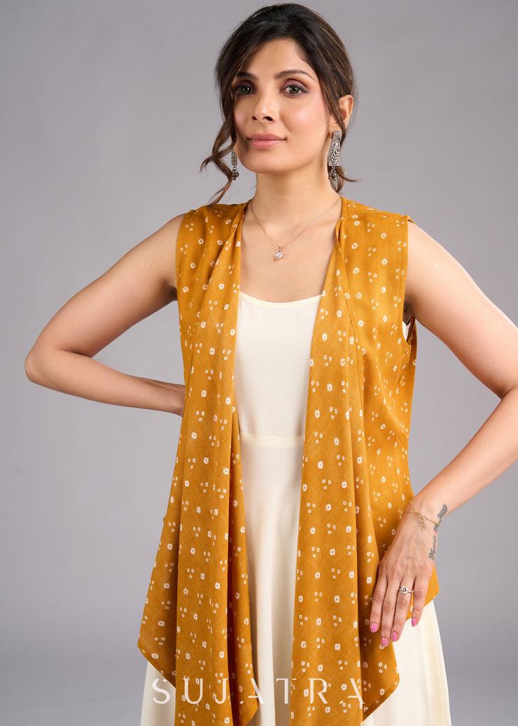 Mustard Majesty Viscose Bandhani Shrug in Flowy High Low Silhouette