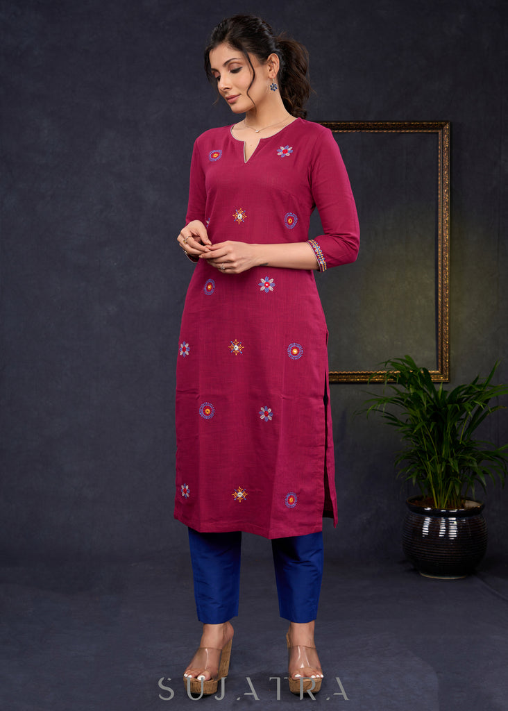 Elegant-Wine-Cotton-Straight-Cut-Kurta-With-Beautiful-Overall-Embroidery--Pant-Optional