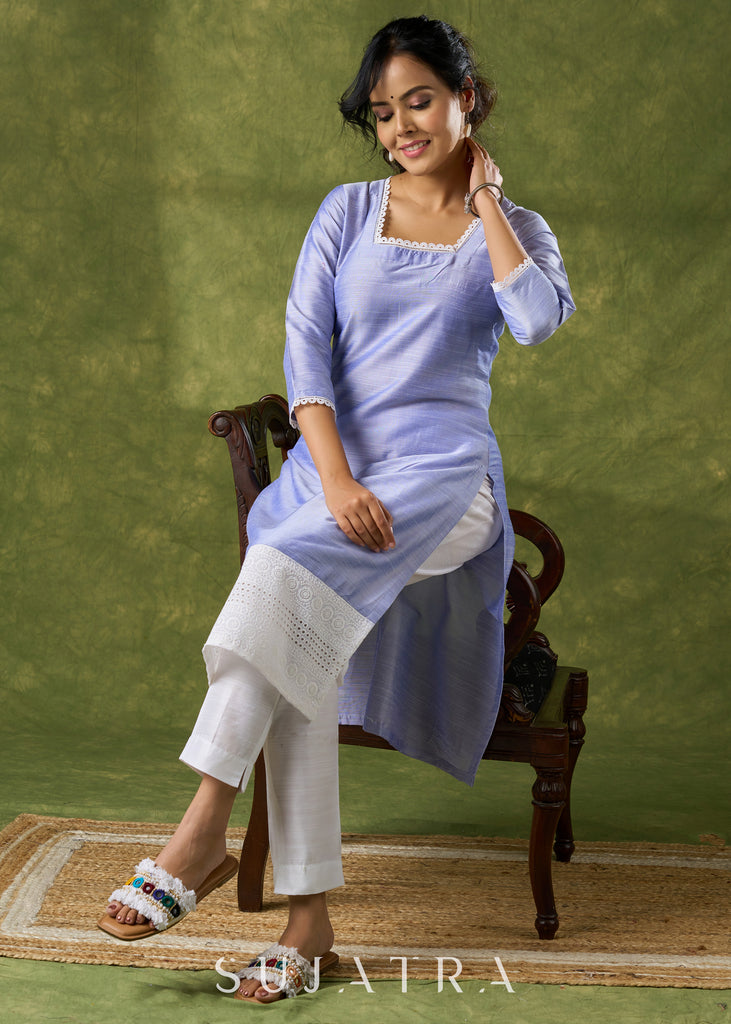 Elegant Ink-Blue Cotton Silk Kurta Highlighted With Laces - Pant Optional