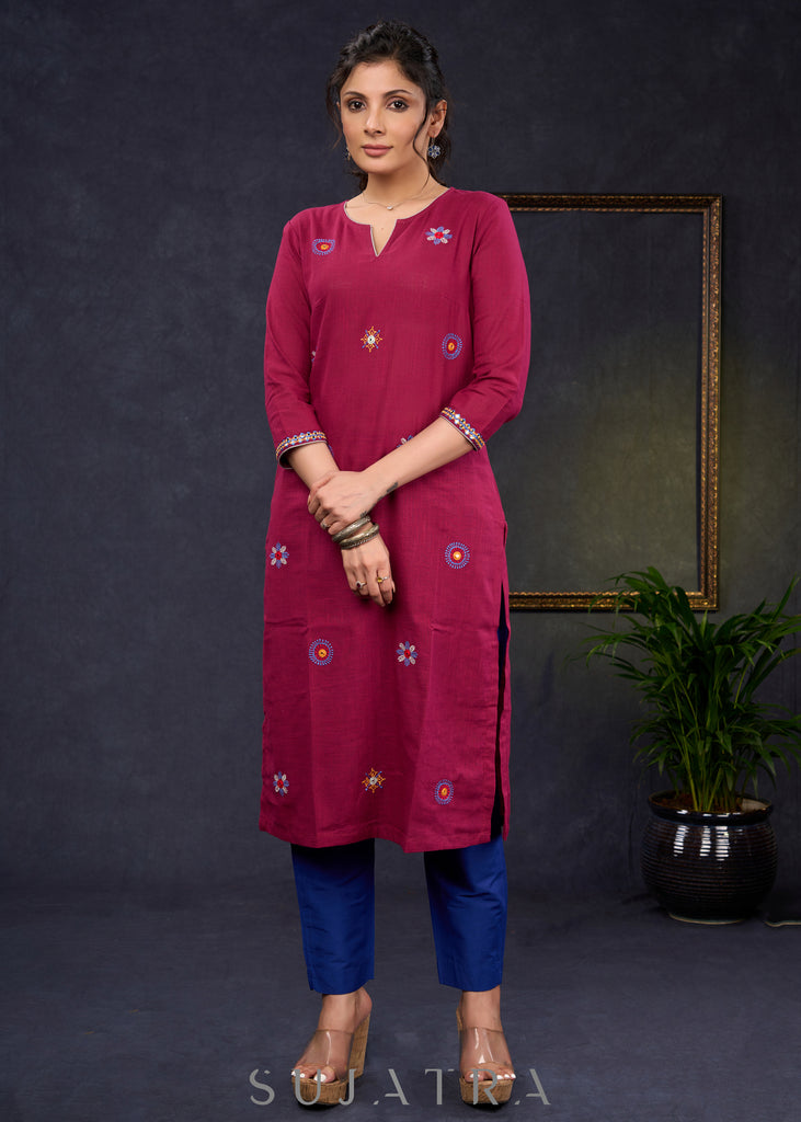 Elegant-Wine-Cotton-Straight-Cut-Kurta-With-Beautiful-Overall-Embroidery--Pant-Optional