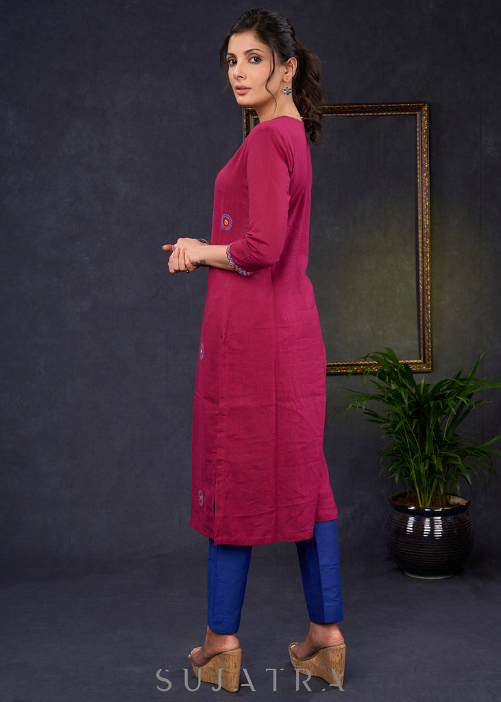 Elegant-Wine-Cotton-Straight-Cut-Kurta-With-Beautiful-Overall-Embroidery--Pant-Optional