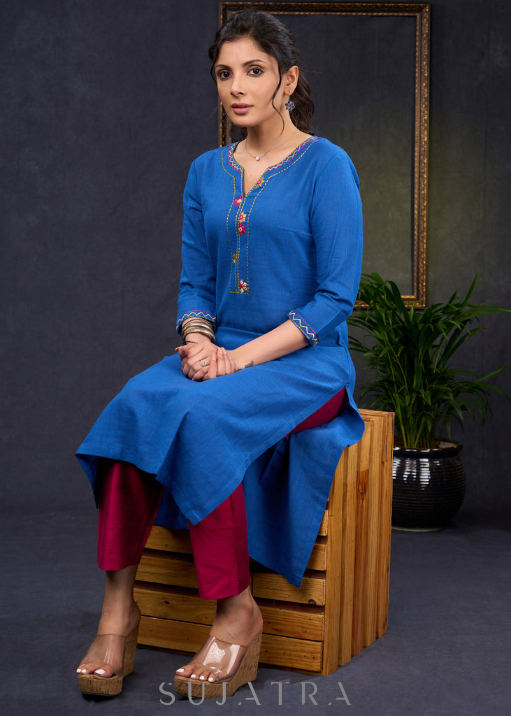 Smart-Royal-Blue-Cotton-Straight-Fit-Kurta-With-Beautiful-Embroidery-On-The-Neckline--Pant-Optional