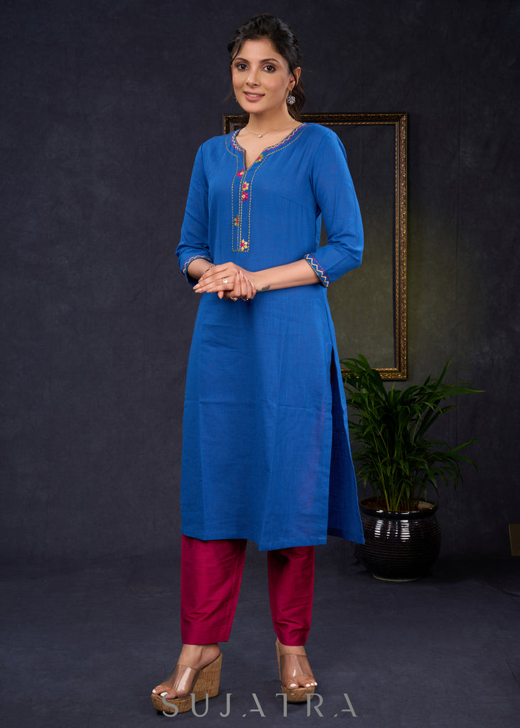 Smart-Royal-Blue-Cotton-Straight-Fit-Kurta-With-Beautiful-Embroidery-On-The-Neckline--Pant-Optional