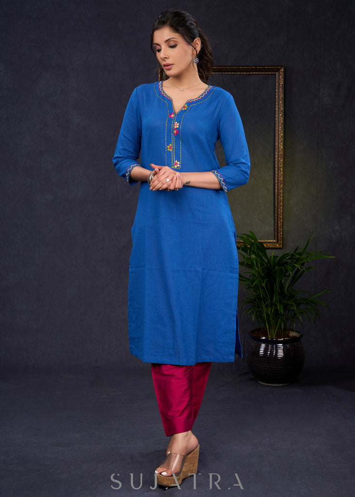 Smart-Royal-Blue-Cotton-Straight-Fit-Kurta-With-Beautiful-Embroidery-On-The-Neckline--Pant-Optional