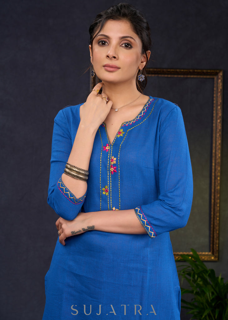 Smart-Royal-Blue-Cotton-Straight-Fit-Kurta-With-Beautiful-Embroidery-On-The-Neckline--Pant-Optional