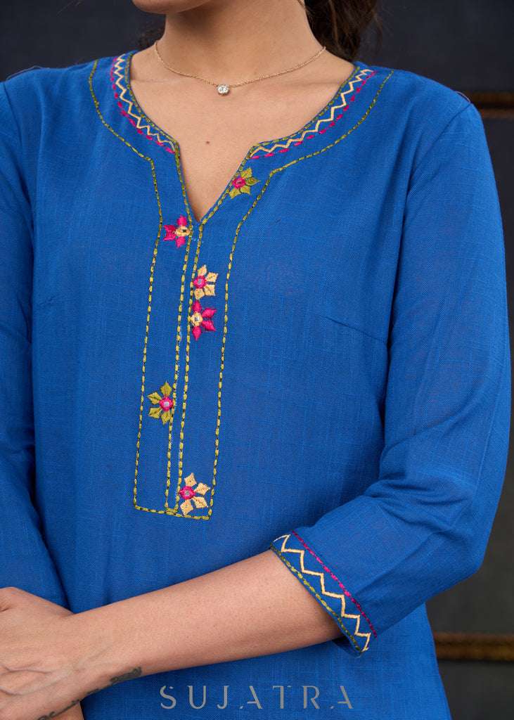 Smart-Royal-Blue-Cotton-Straight-Fit-Kurta-With-Beautiful-Embroidery-On-The-Neckline--Pant-Optional