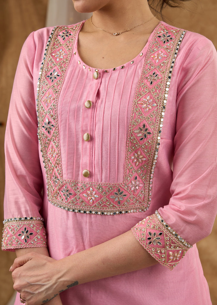 Elegant baby pink Chanderi kurta with embroidered lace Pant Optional