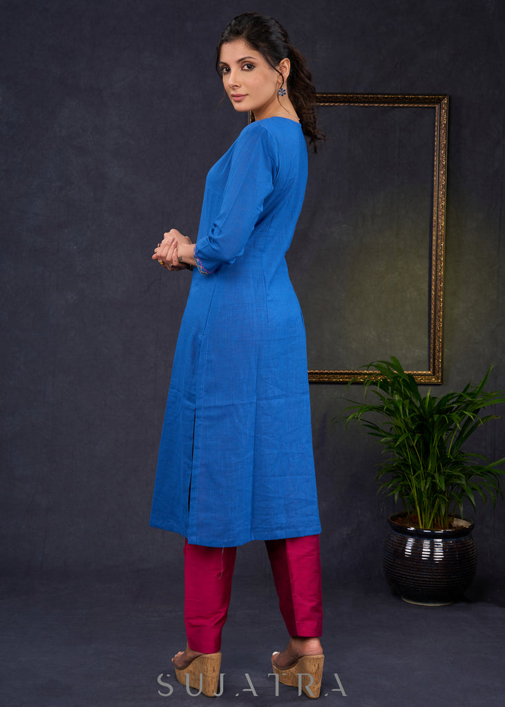 Smart-Royal-Blue-Cotton-Straight-Fit-Kurta-With-Beautiful-Embroidery-On-The-Neckline--Pant-Optional