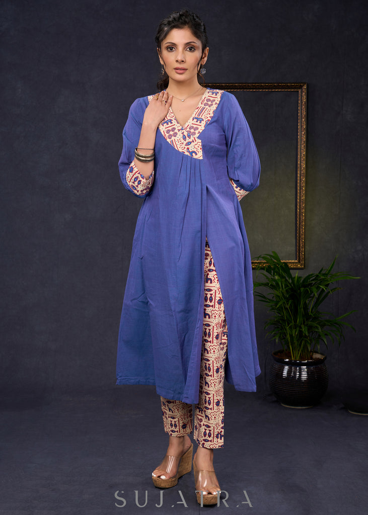 Classy-Blue-Cotton-A-Line-Kurta-Highlighted-With-Beautiful-Ajrakh-Print--Pant-Optional