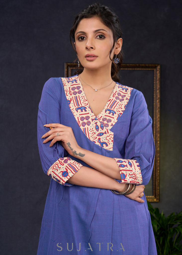 Classy-Blue-Cotton-A-Line-Kurta-Highlighted-With-Beautiful-Ajrakh-Print--Pant-Optional