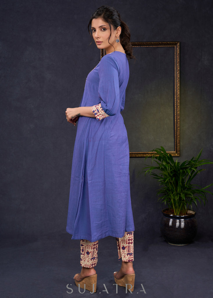 Classy-Blue-Cotton-A-Line-Kurta-Highlighted-With-Beautiful-Ajrakh-Print--Pant-Optional