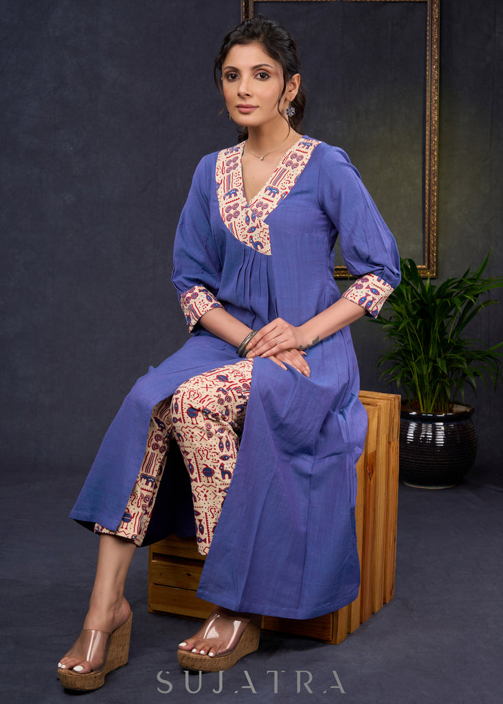 Classy-Blue-Cotton-A-Line-Kurta-Highlighted-With-Beautiful-Ajrakh-Print--Pant-Optional