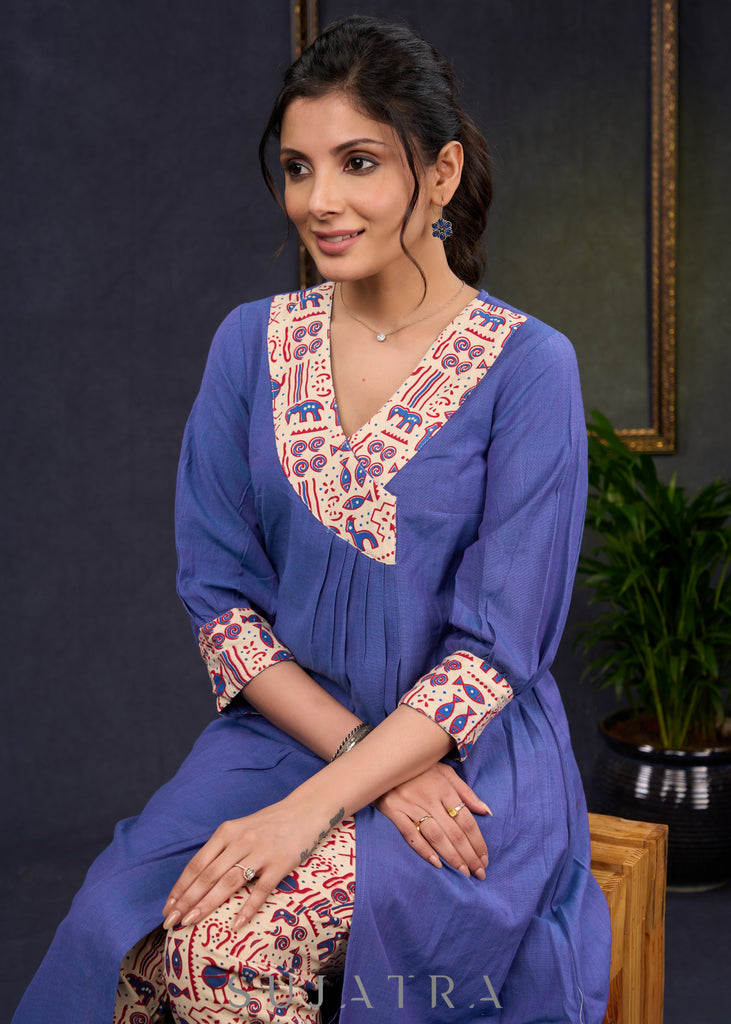 Classy-Blue-Cotton-A-Line-Kurta-Highlighted-With-Beautiful-Ajrakh-Print--Pant-Optional