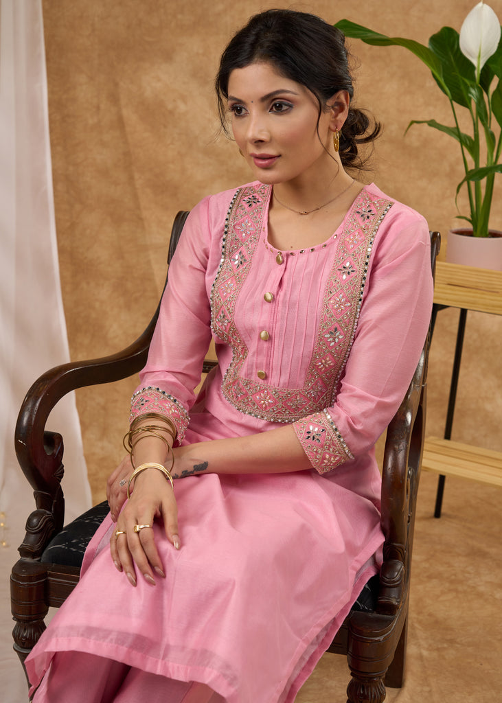 Elegant baby pink Chanderi kurta with embroidered lace Pant Optional