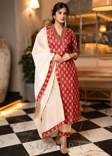 Exclusive Hand Embroidered Printed Maroon Kurta With Pant  - Dupatta Optional