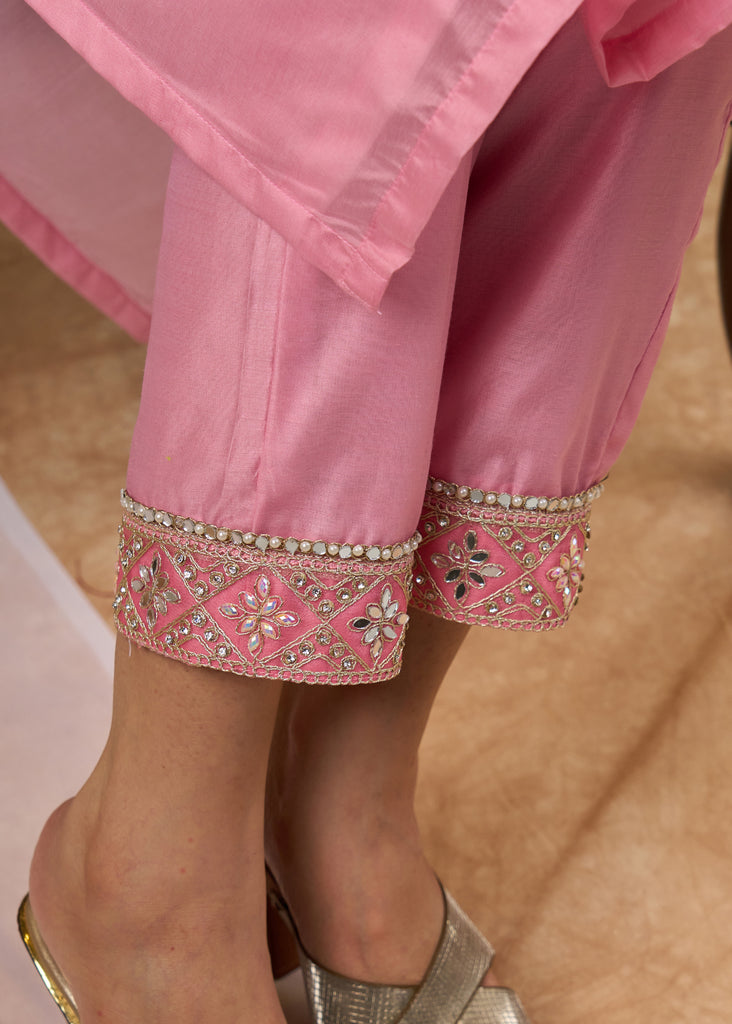 Elegant baby pink Chanderi kurta with embroidered lace Pant Optional