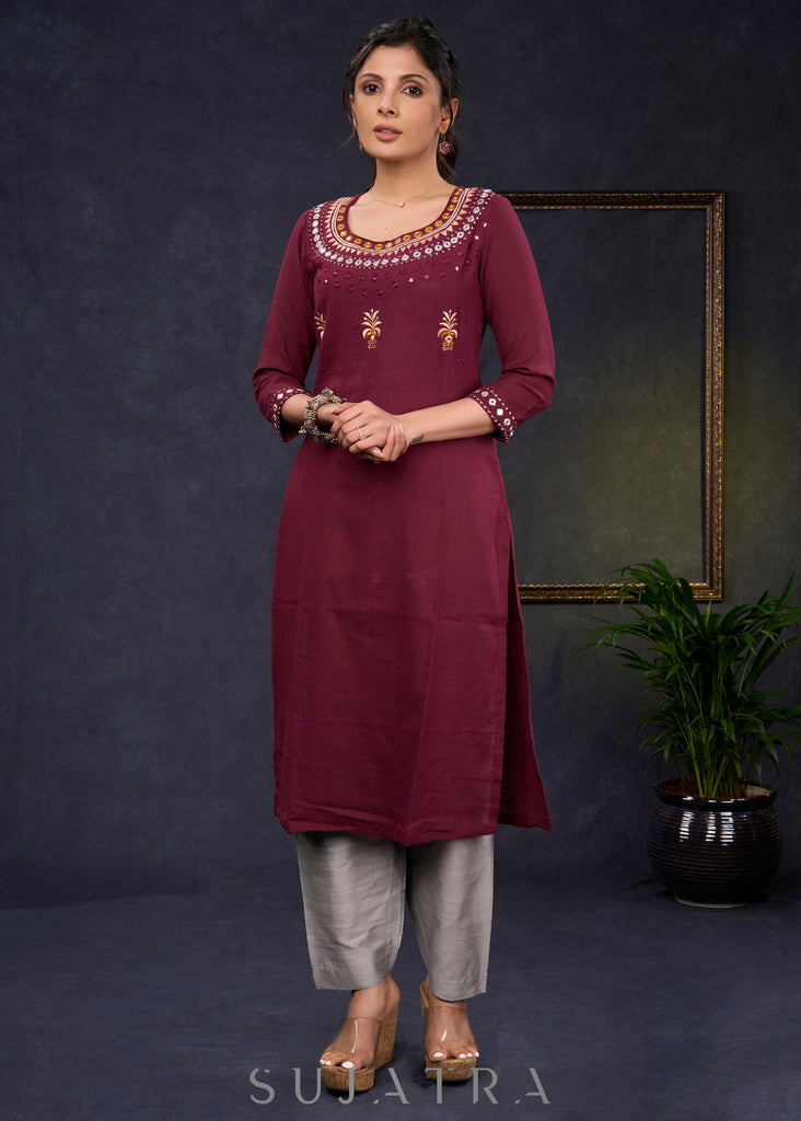 Classy-Wine-Cotton-Straight-Cut-Kurta-With-Mirror-Embroidery--Pant-Optional