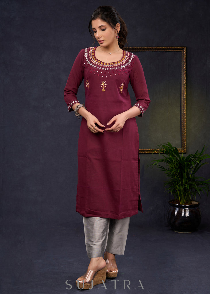 Classy-Wine-Cotton-Straight-Cut-Kurta-With-Mirror-Embroidery--Pant-Optional