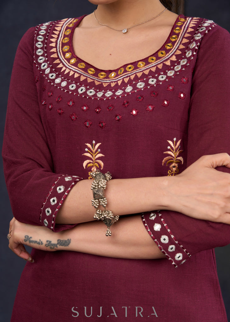 Classy-Wine-Cotton-Straight-Cut-Kurta-With-Mirror-Embroidery--Pant-Optional