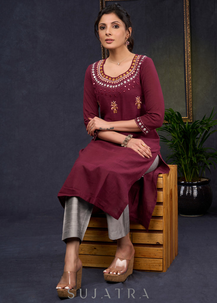 Classy-Wine-Cotton-Straight-Cut-Kurta-With-Mirror-Embroidery--Pant-Optional