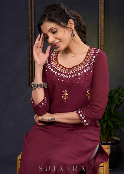 Classy-Wine-Cotton-Straight-Cut-Kurta-With-Mirror-Embroidery--Pant-Optional