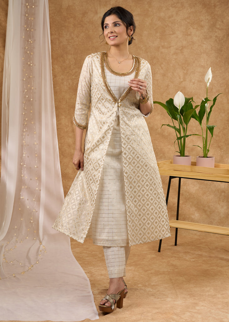 Elegant hand Embroidered Ivory Chanderi Kurta with Brocade Jacket Pant Optional