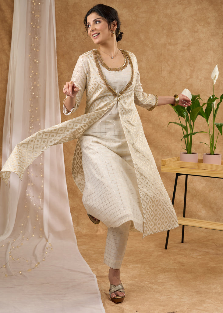 Elegant hand Embroidered Ivory Chanderi Kurta with Brocade Jacket Pant Optional