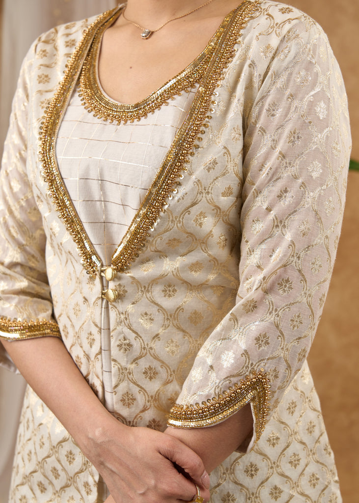 Elegant hand Embroidered Ivory Chanderi Kurta with Brocade Jacket Pant Optional