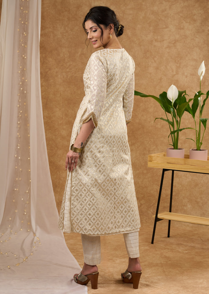 Elegant hand Embroidered Ivory Chanderi Kurta with Brocade Jacket Pant Optional