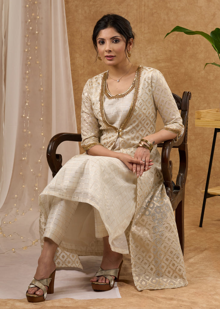 Elegant hand Embroidered Ivory Chanderi Kurta with Brocade Jacket Pant Optional