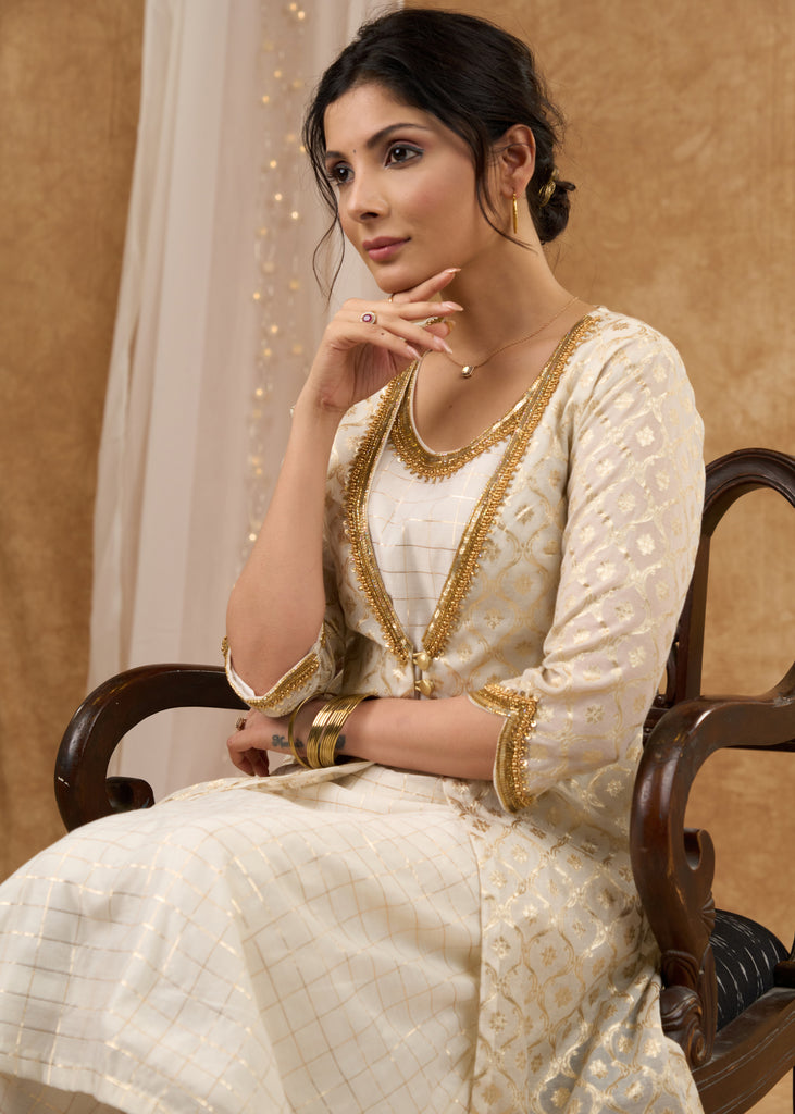 Elegant hand Embroidered Ivory Chanderi Kurta with Brocade Jacket Pant Optional