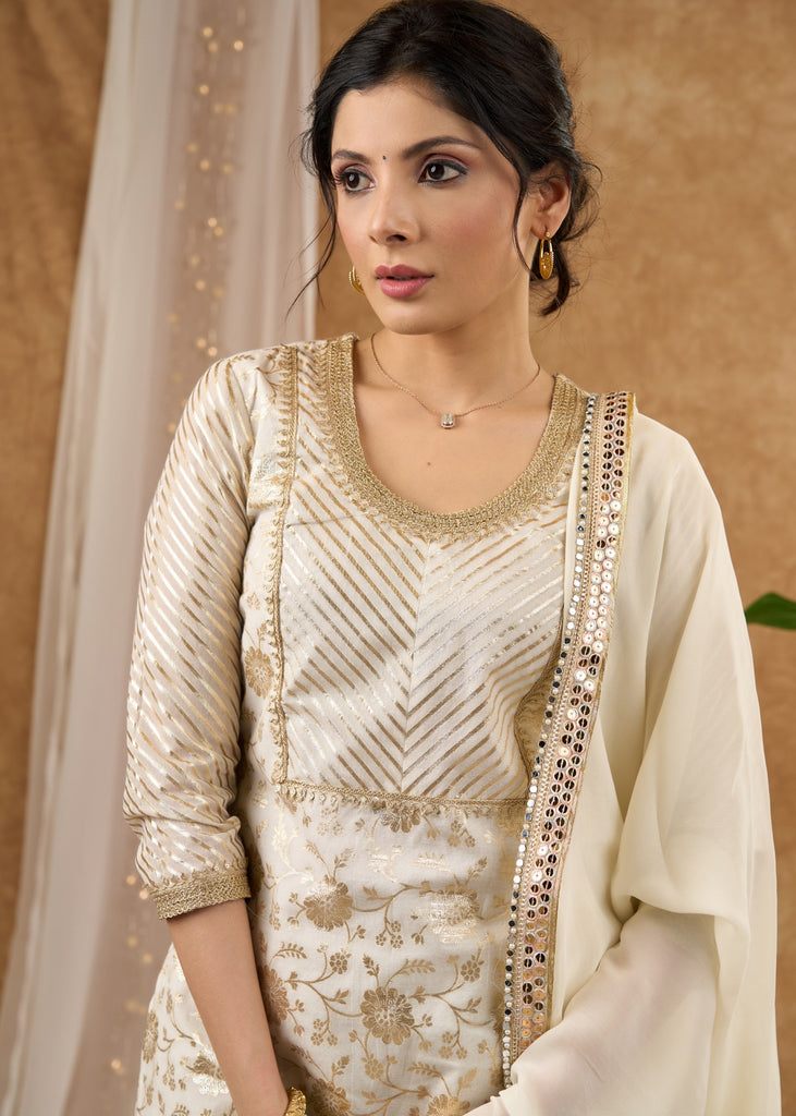 Classy white brocade lace kurti, perfect for celebrations with brocade palazzo Dupatta optional